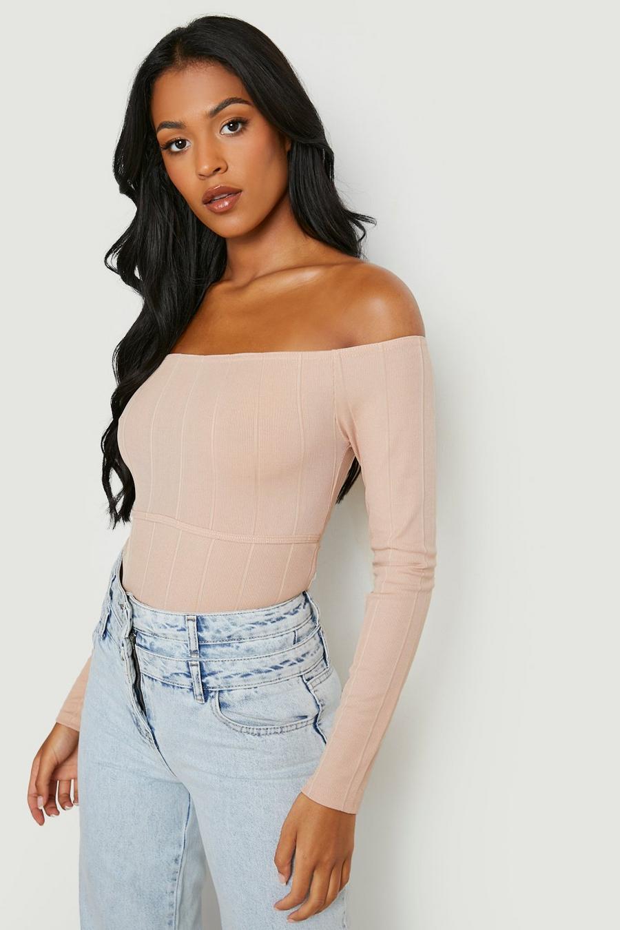 Stone beige Tall Off The Shoulder Bandage Rib Corset Top