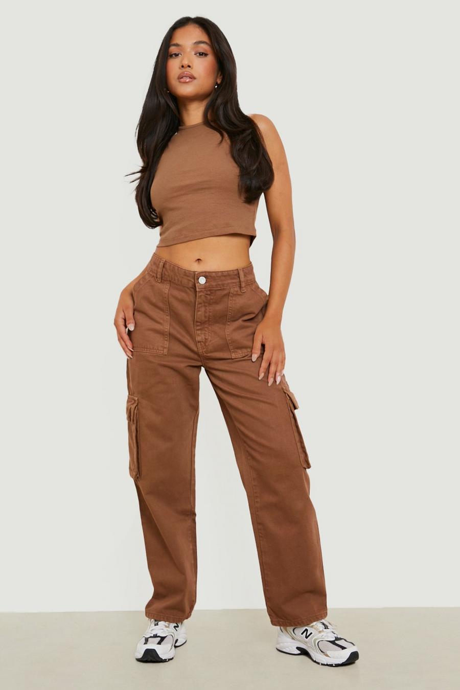 Tan brown Petite Washed Loose Fit Cargo Jeans