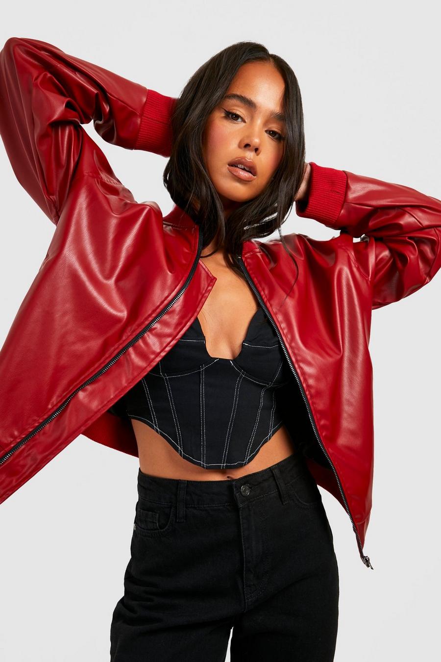 Red Petite Oversized Faux Leather Bomber Jacket  image number 1