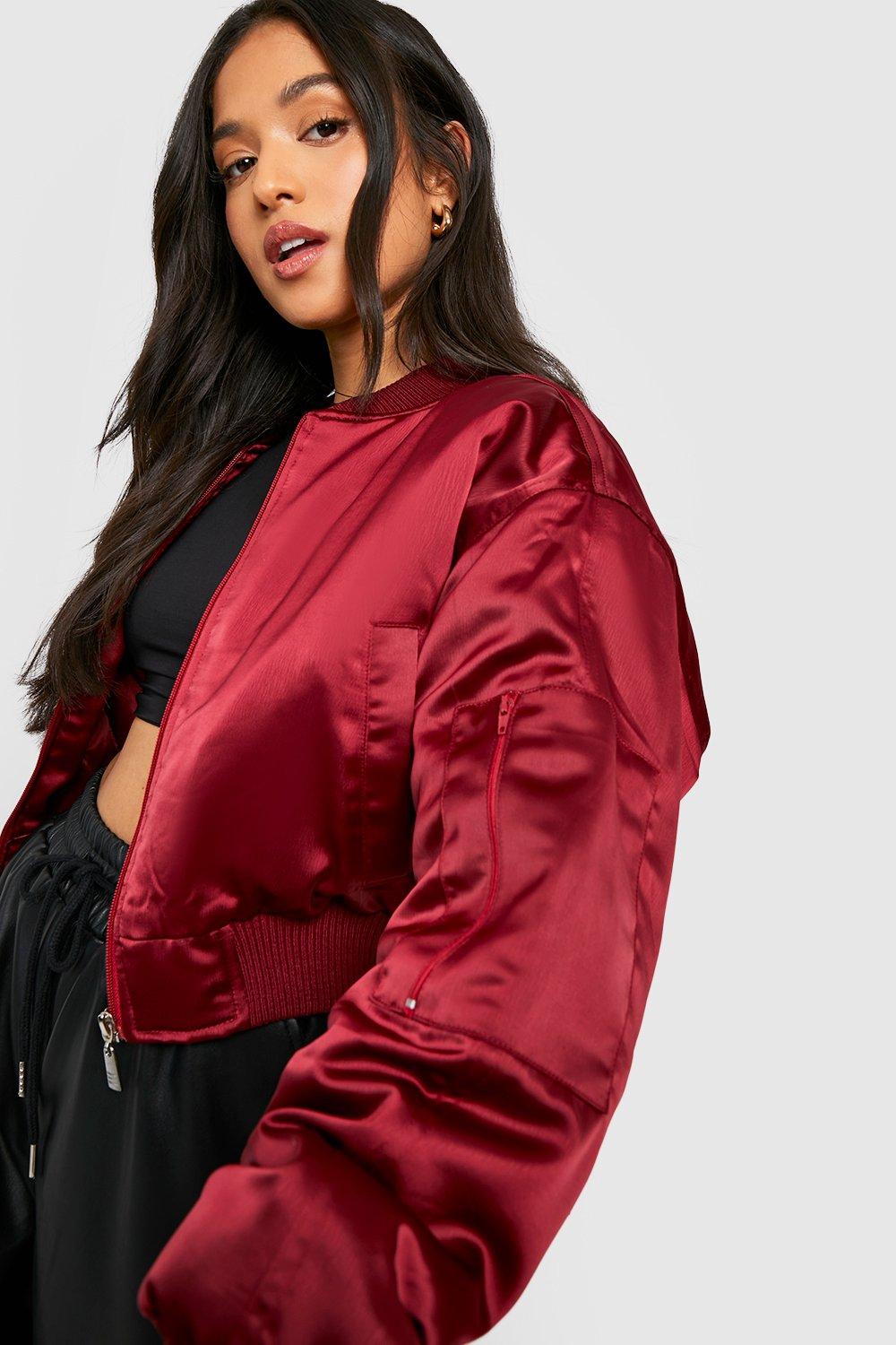 Petite Crop Satin Zip Detail Bomber Jacket