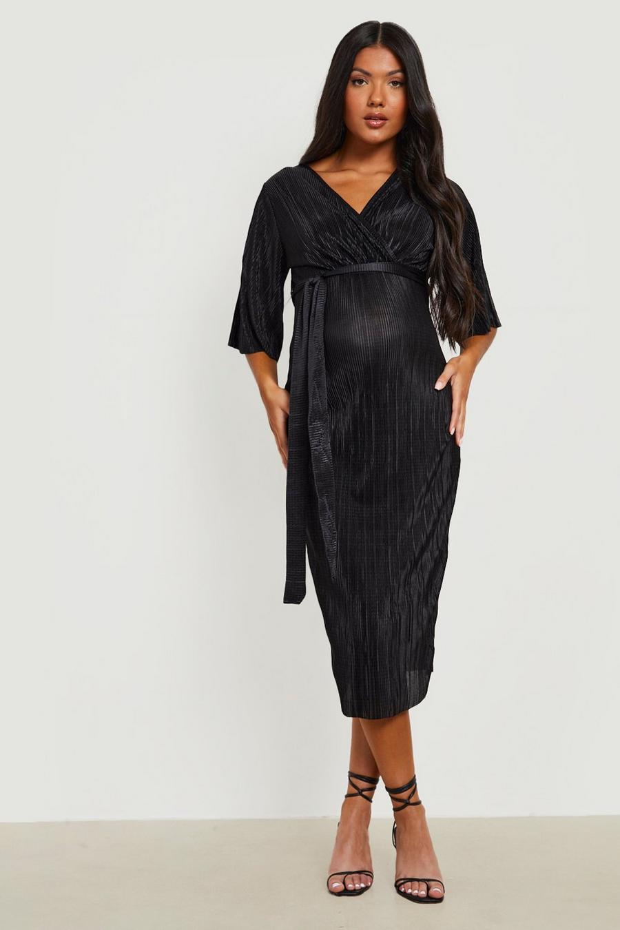 Black Maternity Plisse Wrap Midi Dress image number 1