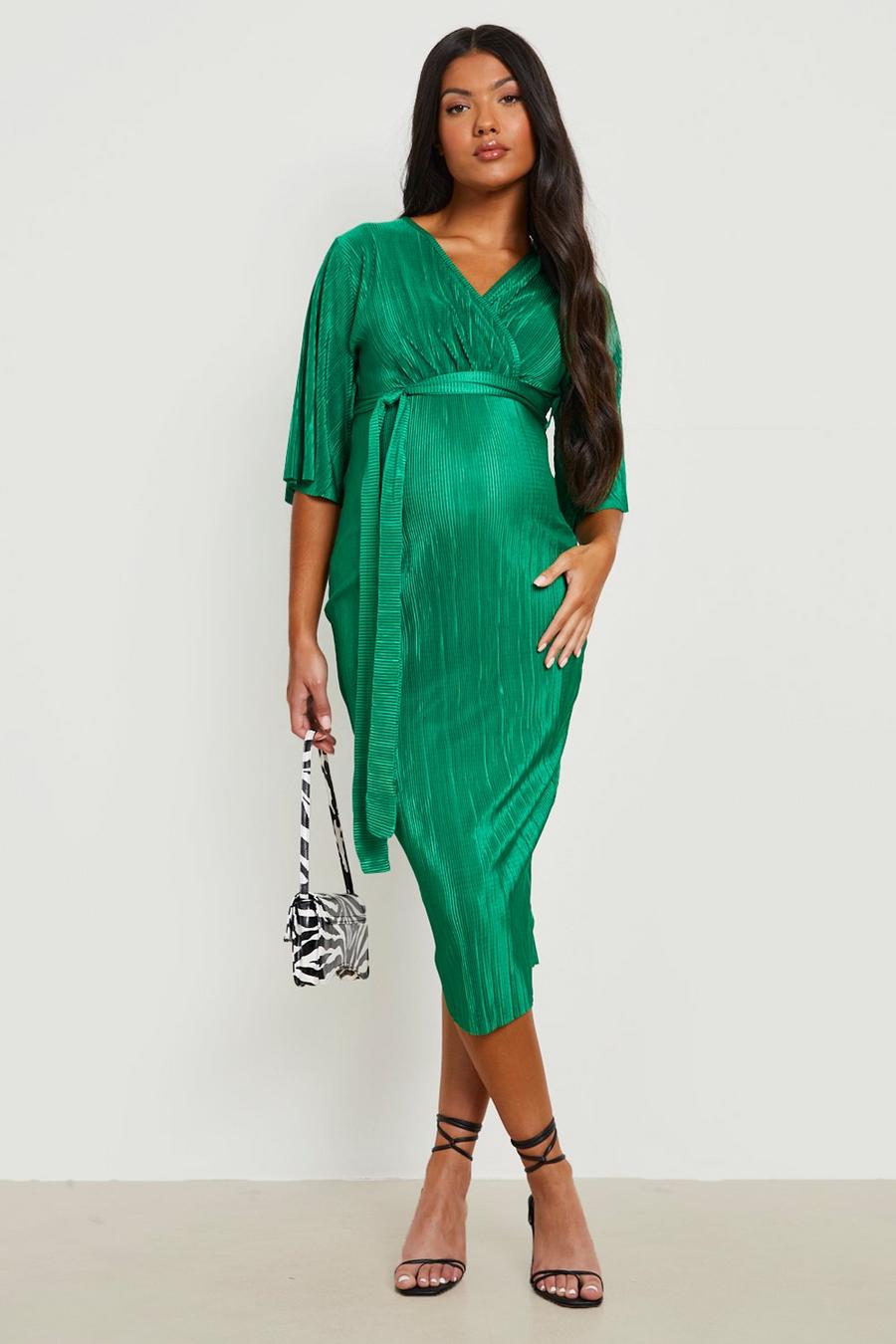 Green Maternity Plisse Wrap Midi Dress image number 1