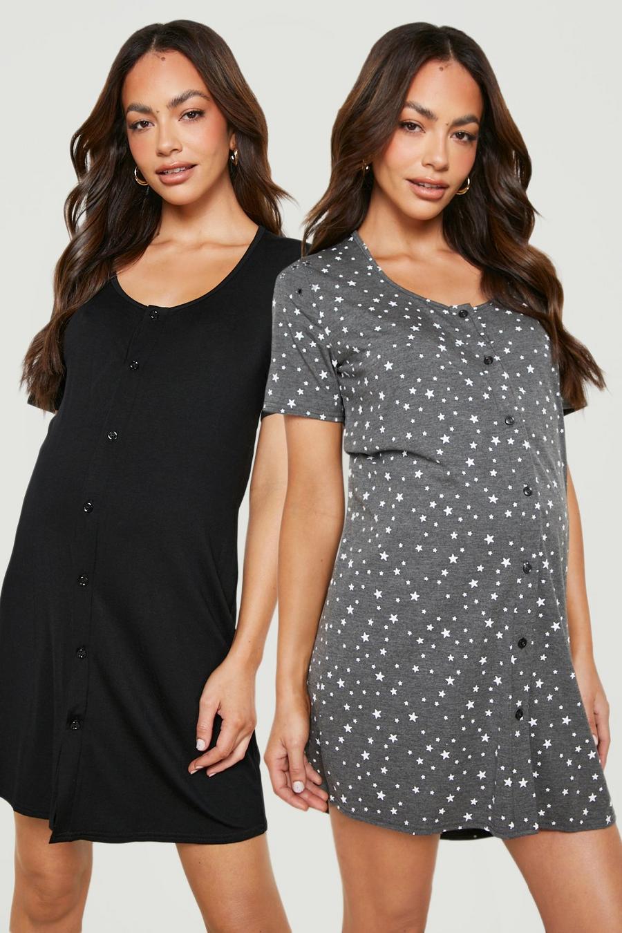 Black Maternity 2 Pack Star Button Front Nightgown image number 1