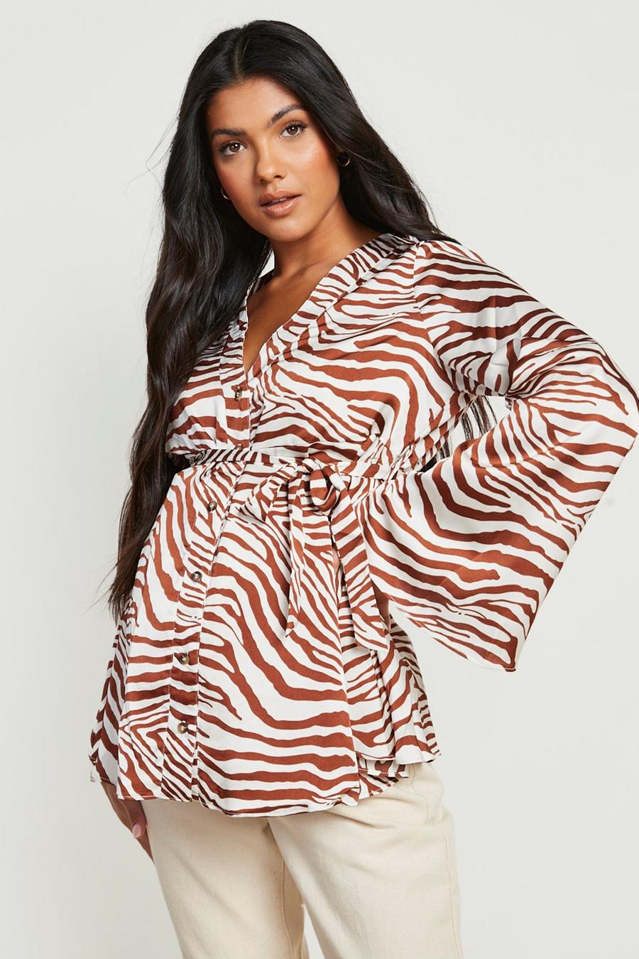 Rust orange Maternity Zebra Print Tie Waist Flare Blouse