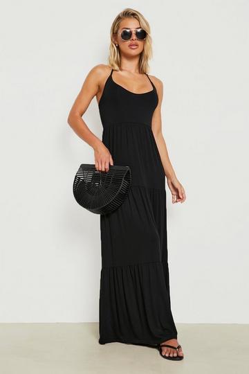 Basic V Neck Tiered Maxi Dress black