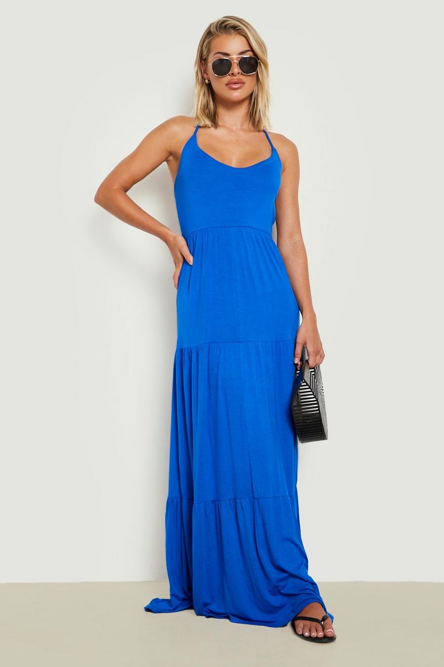 Cobalt blue Basic V Neck Tiered Maxi Dress