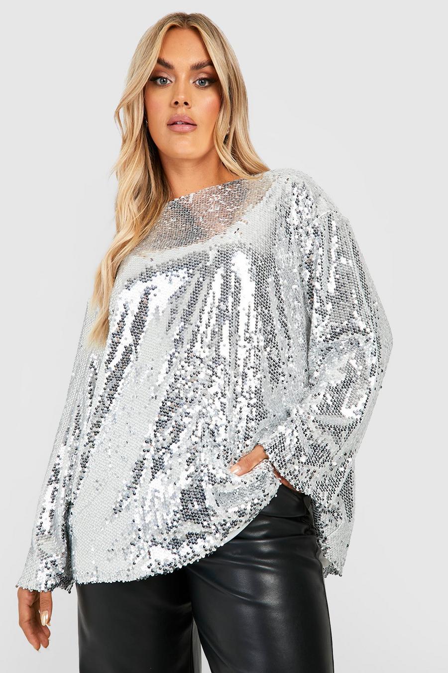 Silver Plus Sequin Long Sleeve Open Back Top
