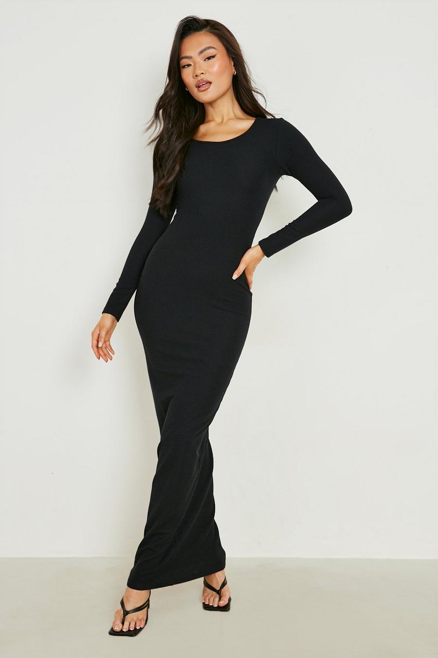 Black Ripple Rib Scoop Neck Long Sleeve Maxi Dress image number 1