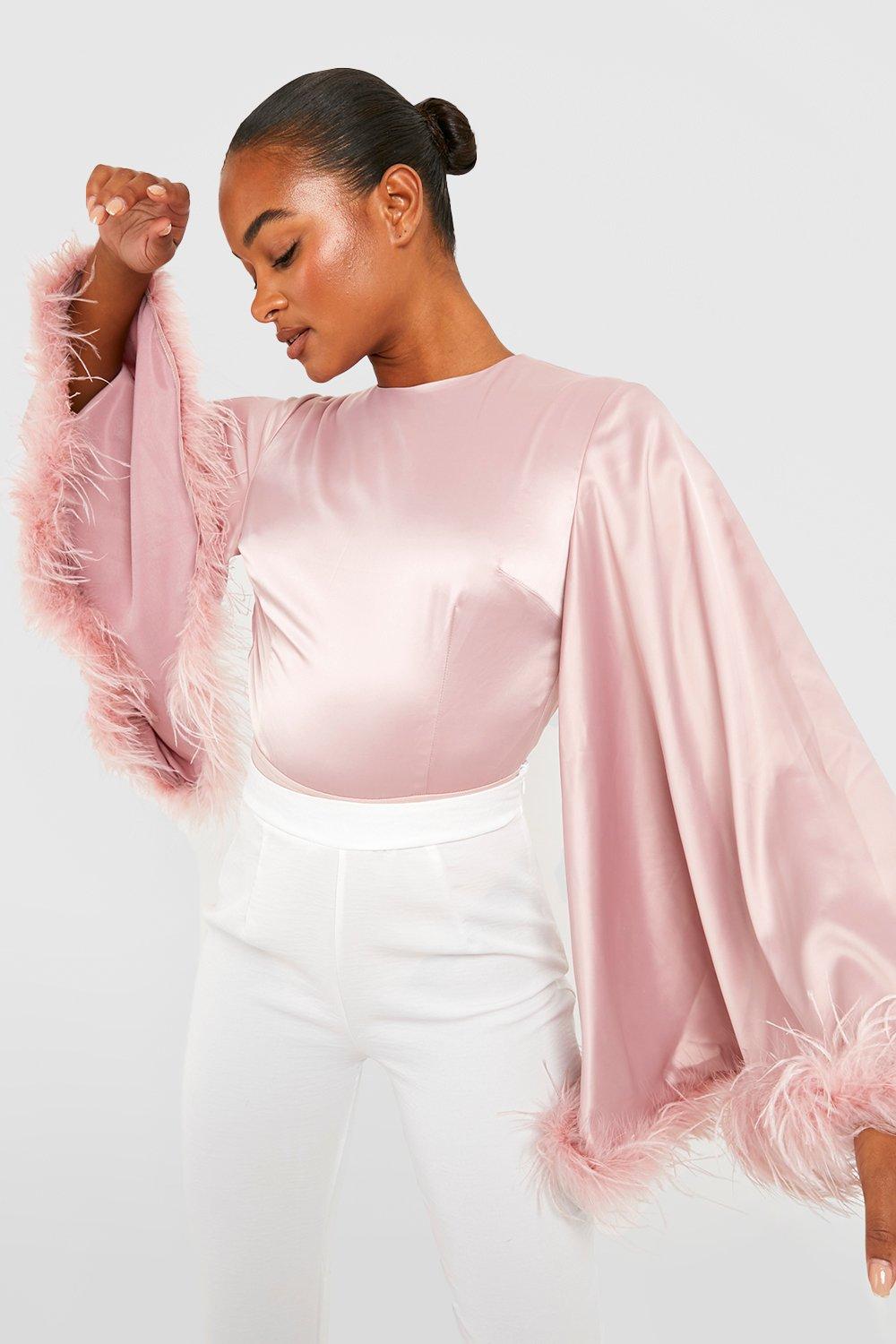 Tall Feather Trim Wide Sleeve Satin Bodysuit