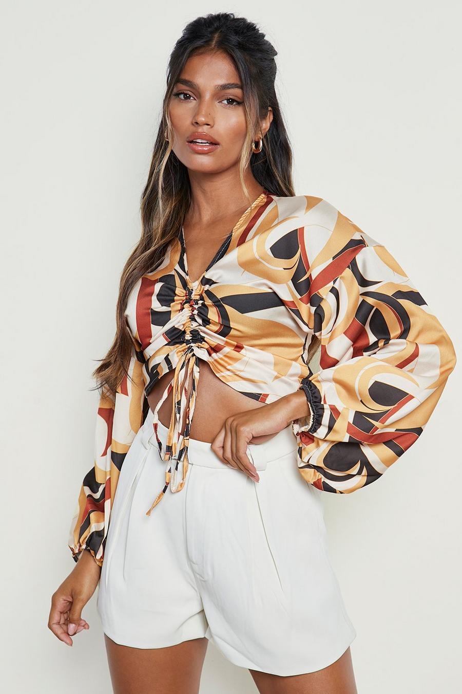 Brown Abstract Ruched Front Balloon Sleeve Top image number 1