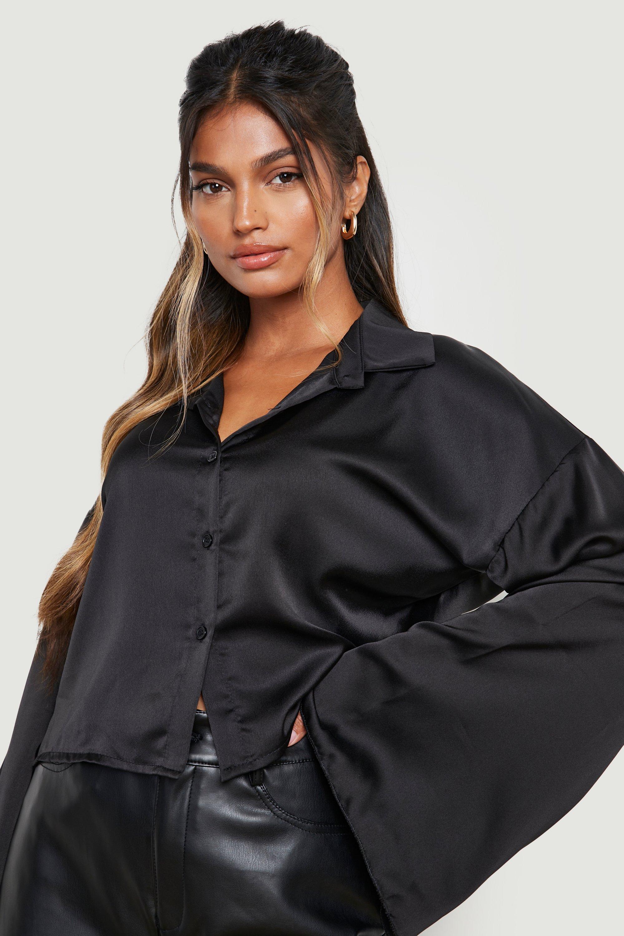 Cropped Flare Sleeve Satin Shirt