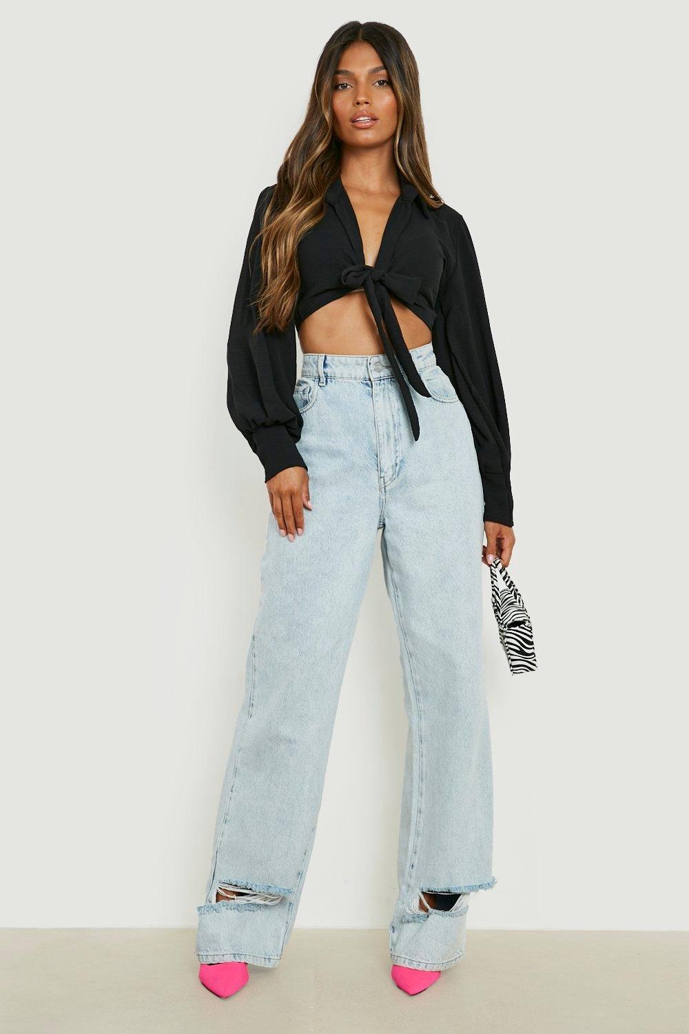 Textured Tie Front Balloon Sleeve Shirt | boohoo
