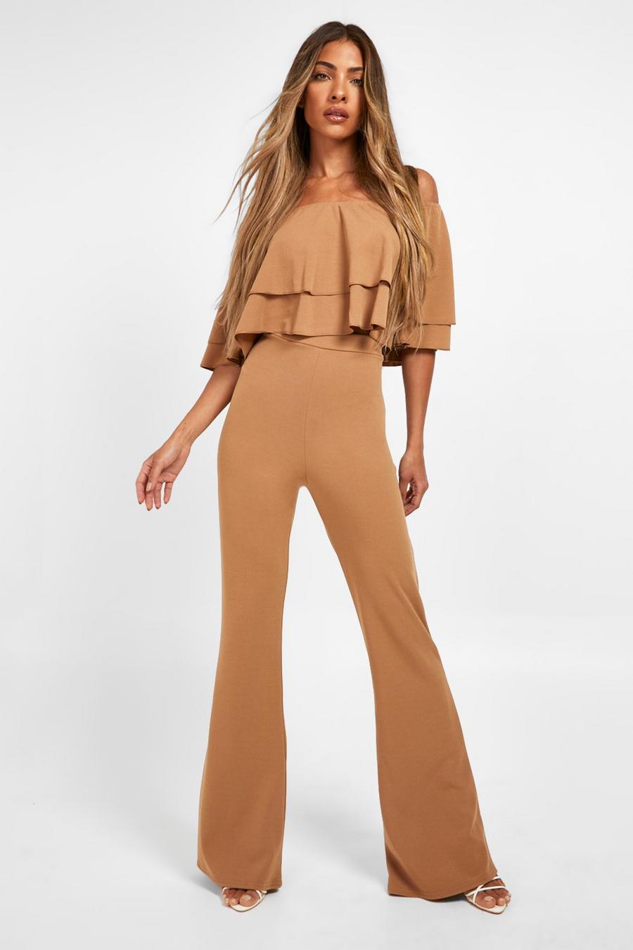 Camel Ruffle Bardot Crop & Flared Trousers  image number 1