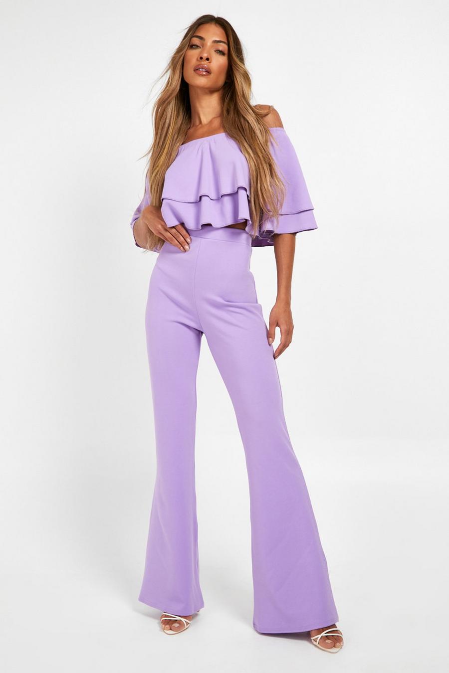 Lilac purple Ruffle Bardot Crop & Flared Trousers 