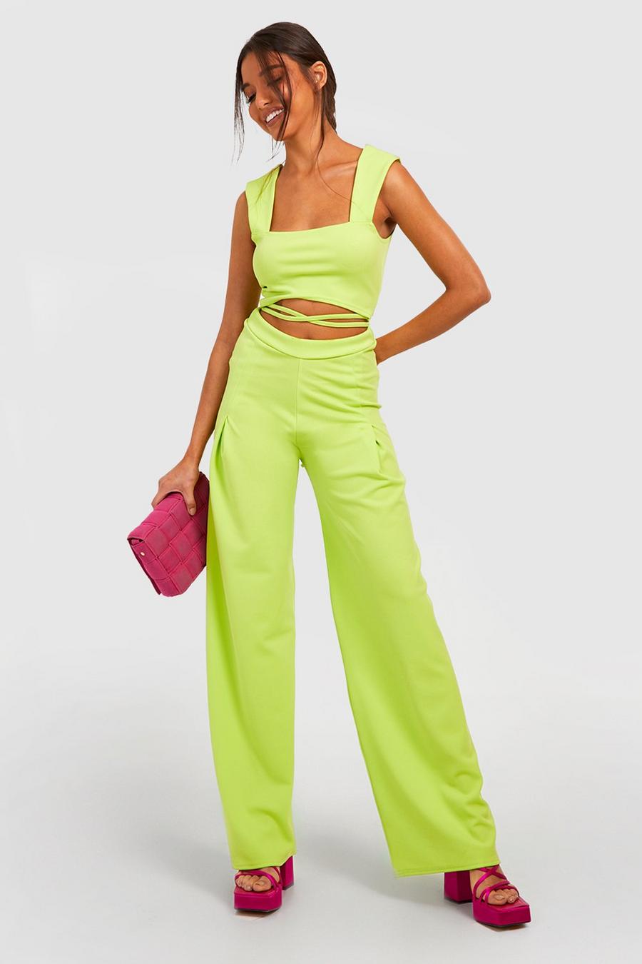 Lime Tie Waist Square Neck Crop & Wide Leg Trouser image number 1