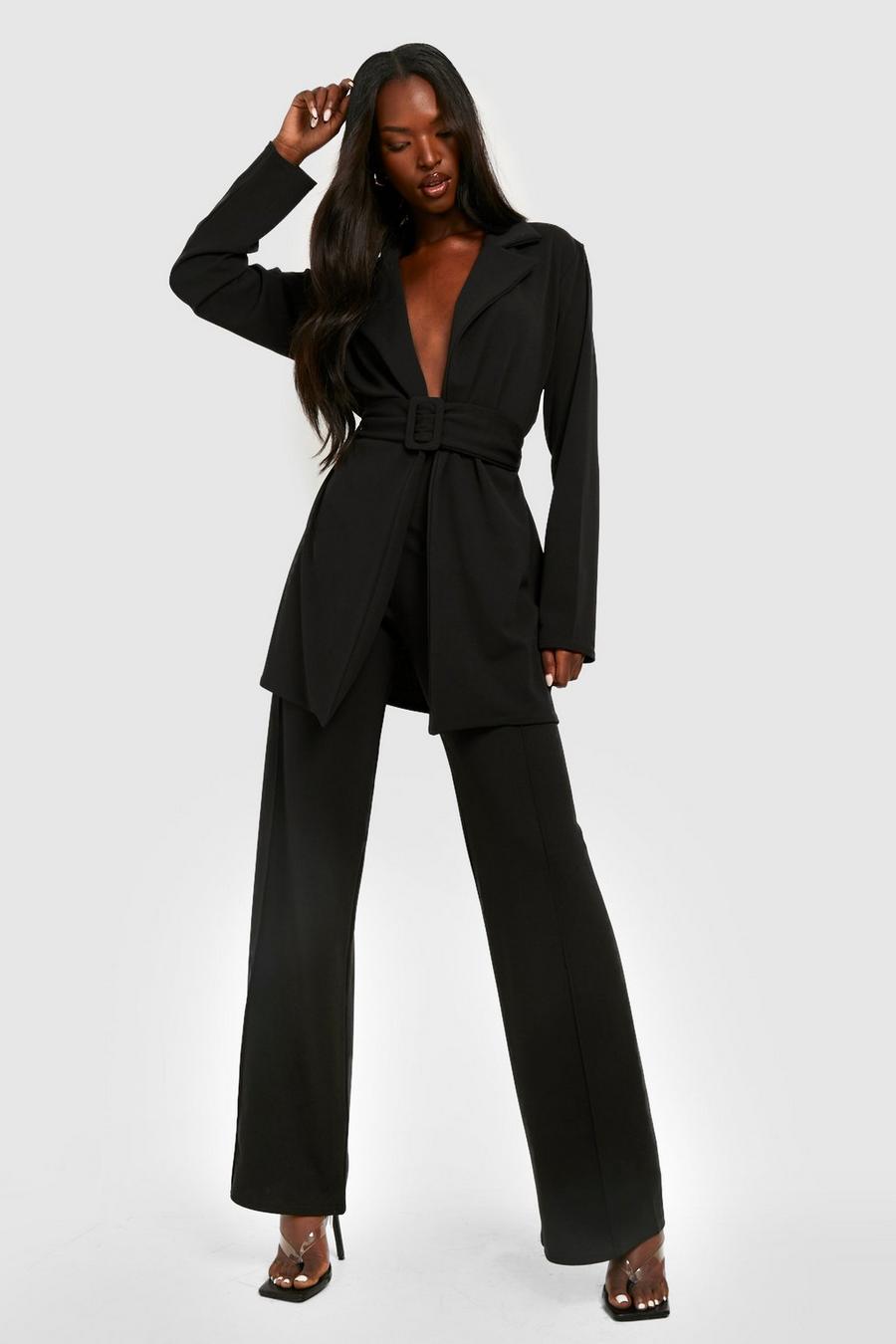 Black Jersey Seam Front Wide Leg Trousers image number 1