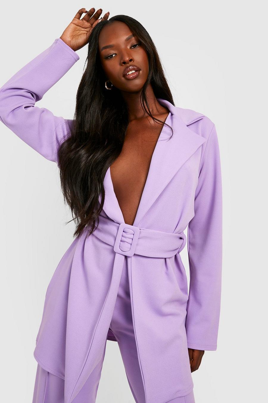 Lilac purple Jersey Self Fabric Belted Longline Blazer