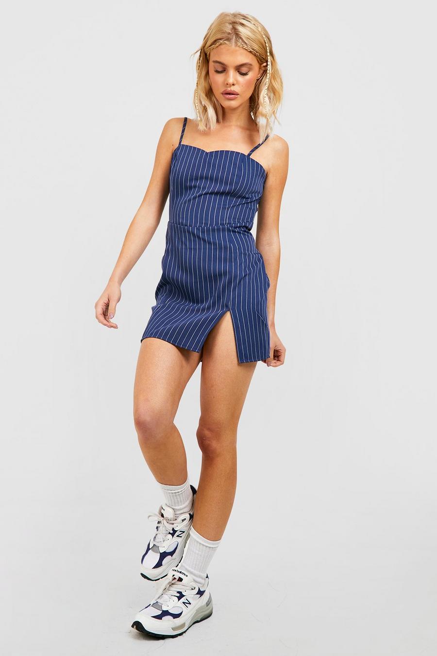 Navy Pinstripe Lace Up Back Micro Mini Dress image number 1