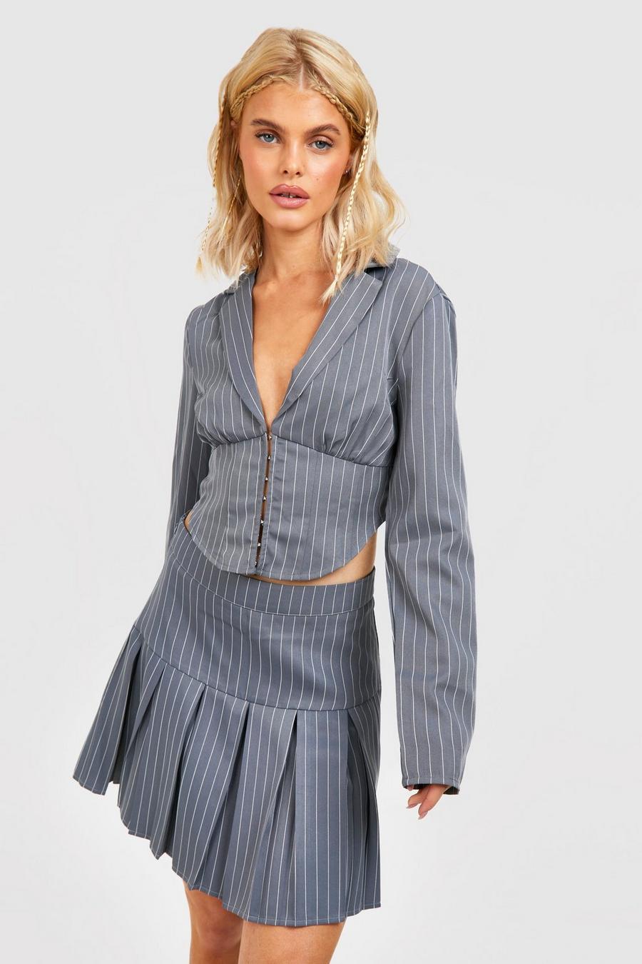 Slate grey Pinstripe Micro Mini Pleated Skirt 