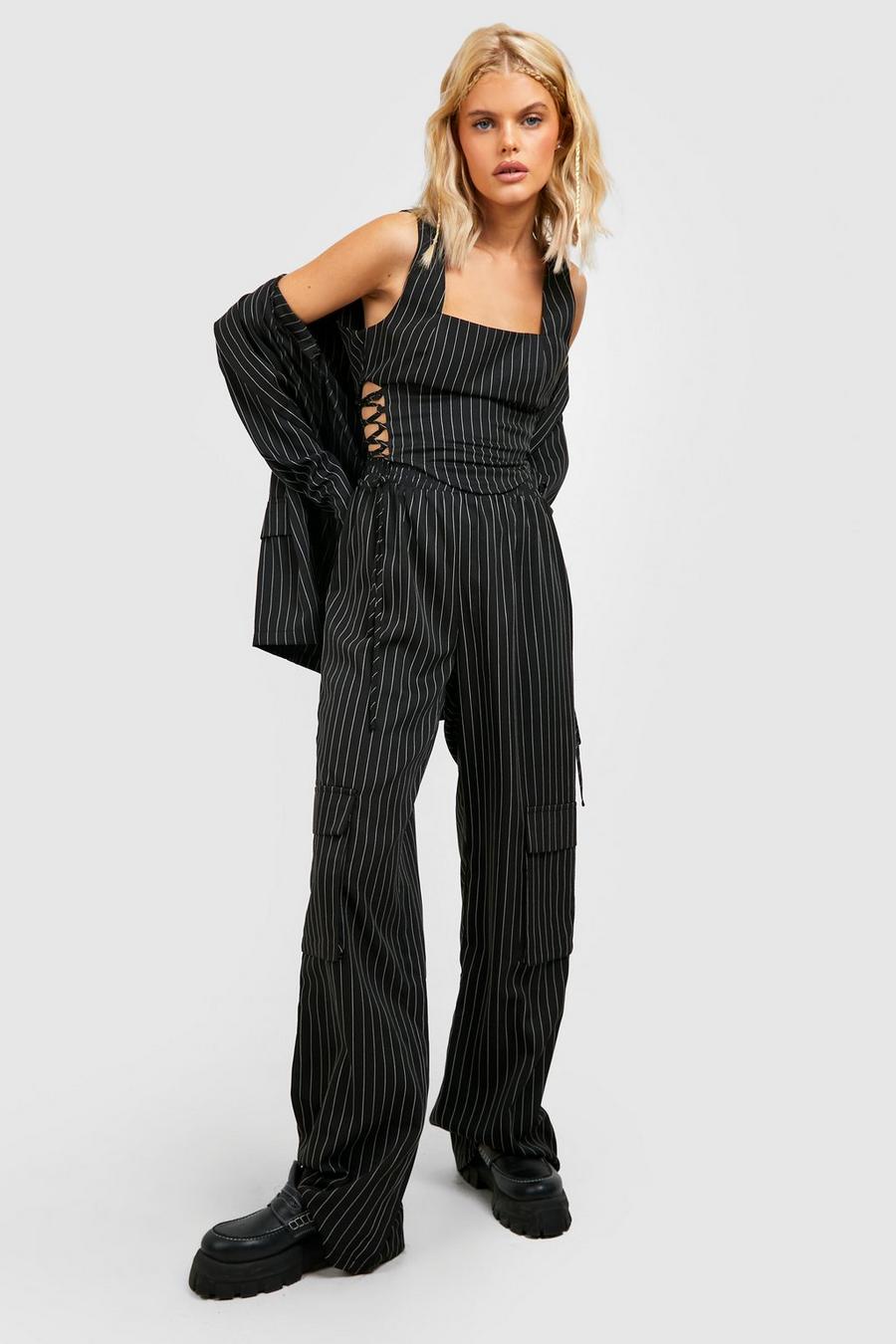 Black Pinstripe Relaxed Fit Cargo Pants image number 1