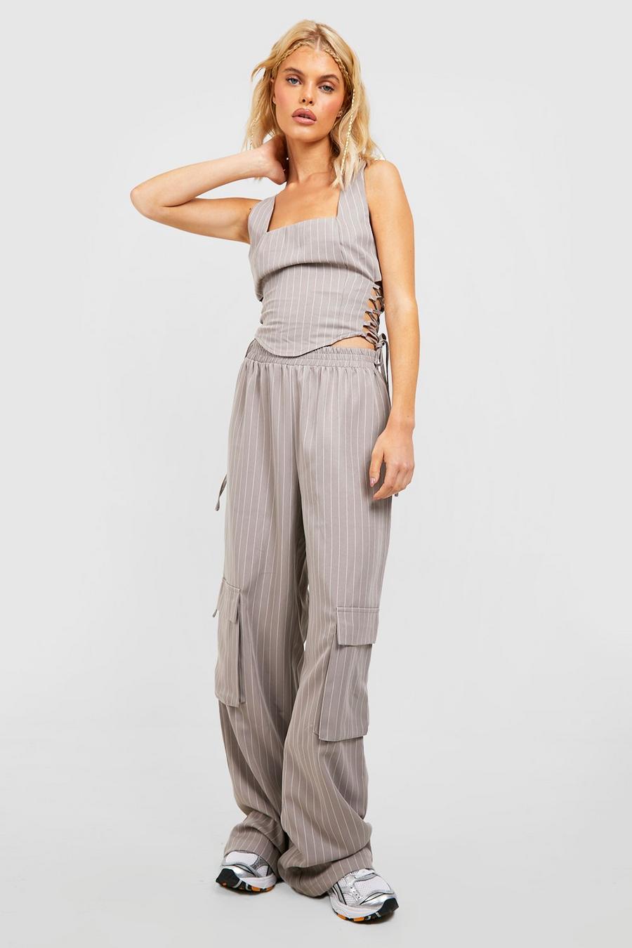 Taupe beige Pinstripe Relaxed Fit Cargo Pants