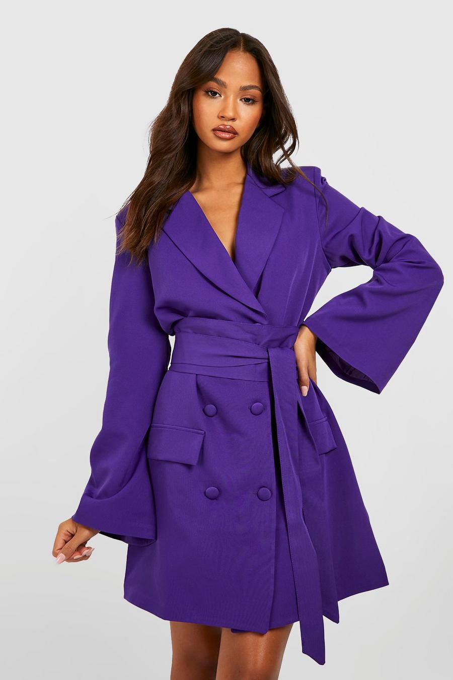 Purple Obi Tie Waist Flared Sleeve Blazer Dress