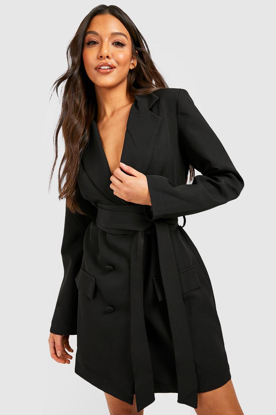 Black Obi Tie Waist Pocket Detail Blazer Dress  image number 1