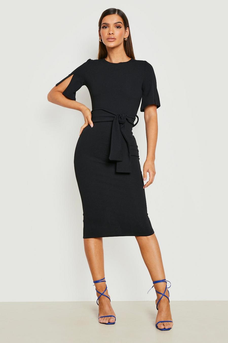 Black Split Sleeve Belted Midi Dress image number 1