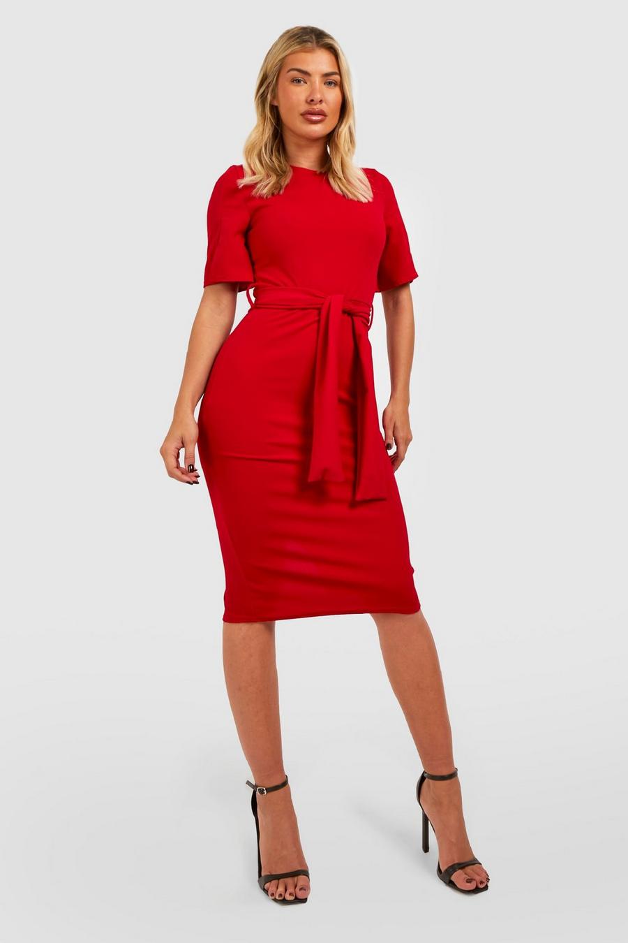 Red Split Sleeve Belted Midi Dress image number 1