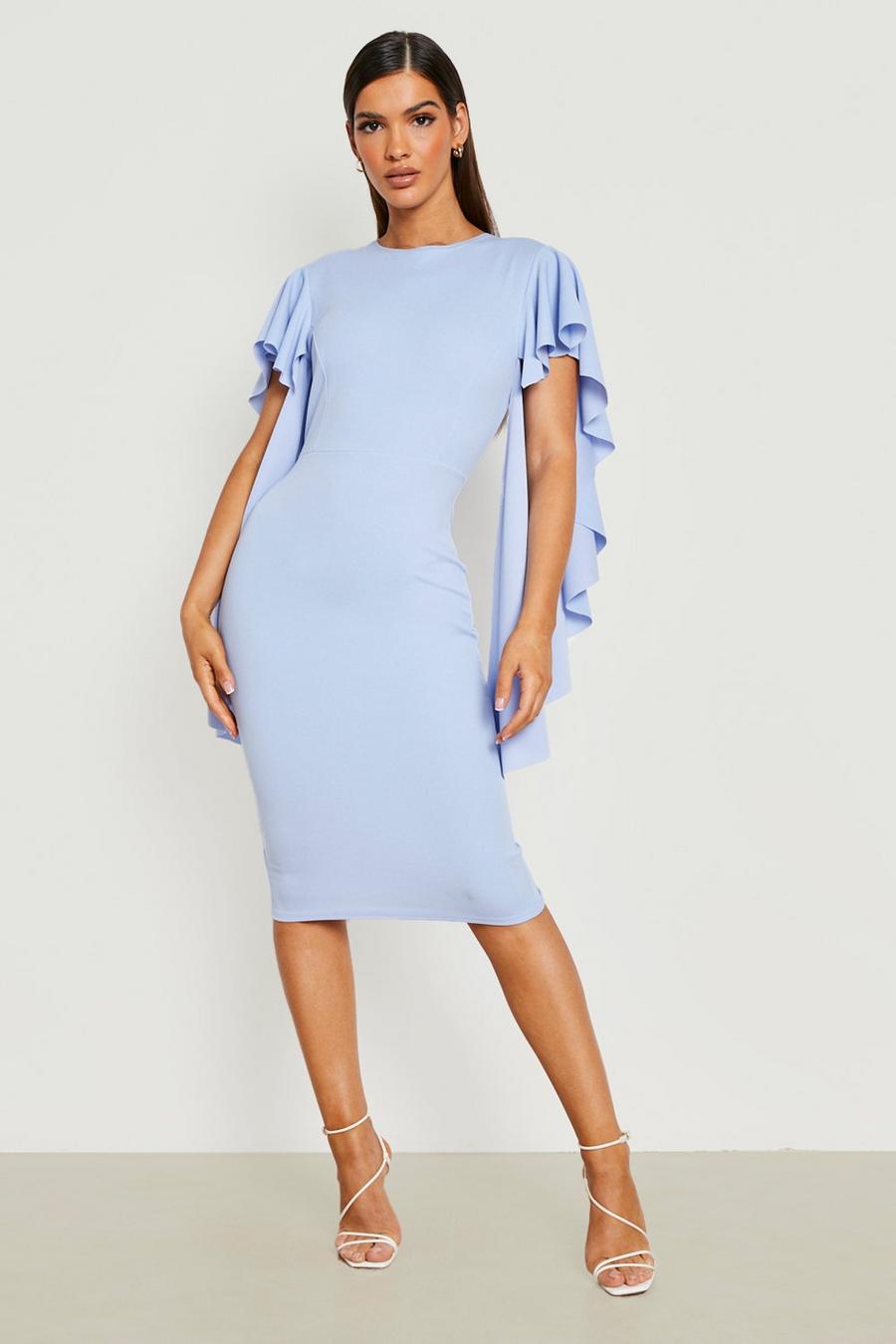 Blue Frill Cape Detail Bodycon Midi Dress image number 1