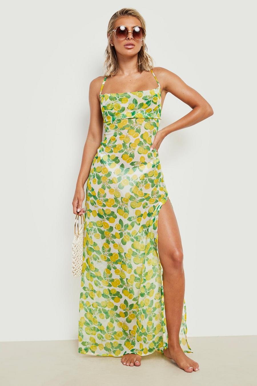 Yellow Chiffon Lemon Print Split Maxi Beach Dress image number 1