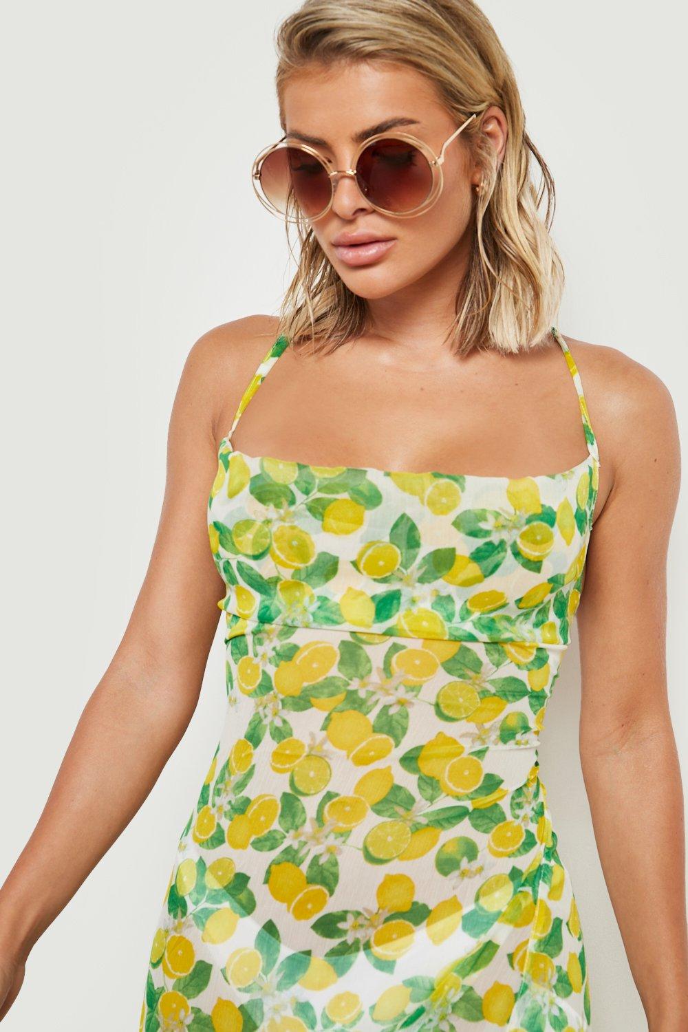 Chiffon Lemon Print Split Maxi Beach Dress