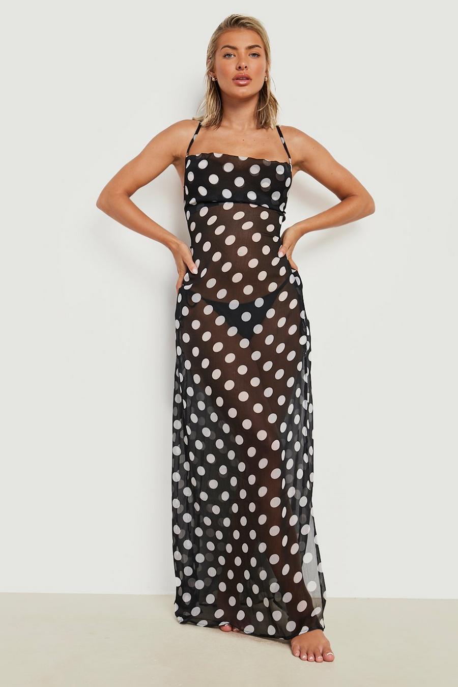 Black Chiffon Polka Dot Split Maxi Beach Dress image number 1