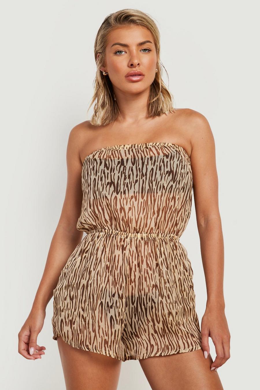 Brown Chiffon Tiger Bandeau Beach Playsuit image number 1