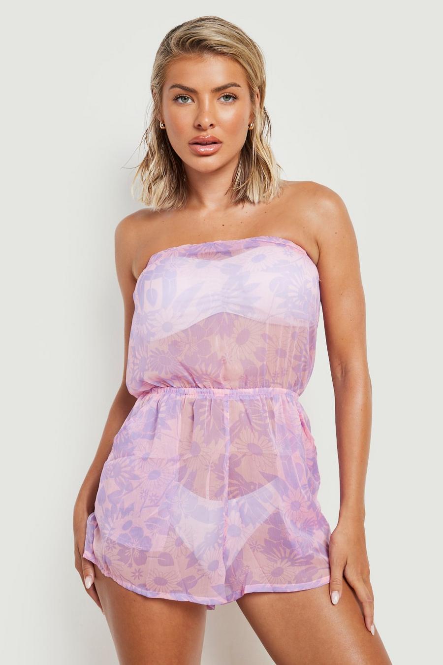 Pink Chiffon Floral Bandeau Beach Romper image number 1