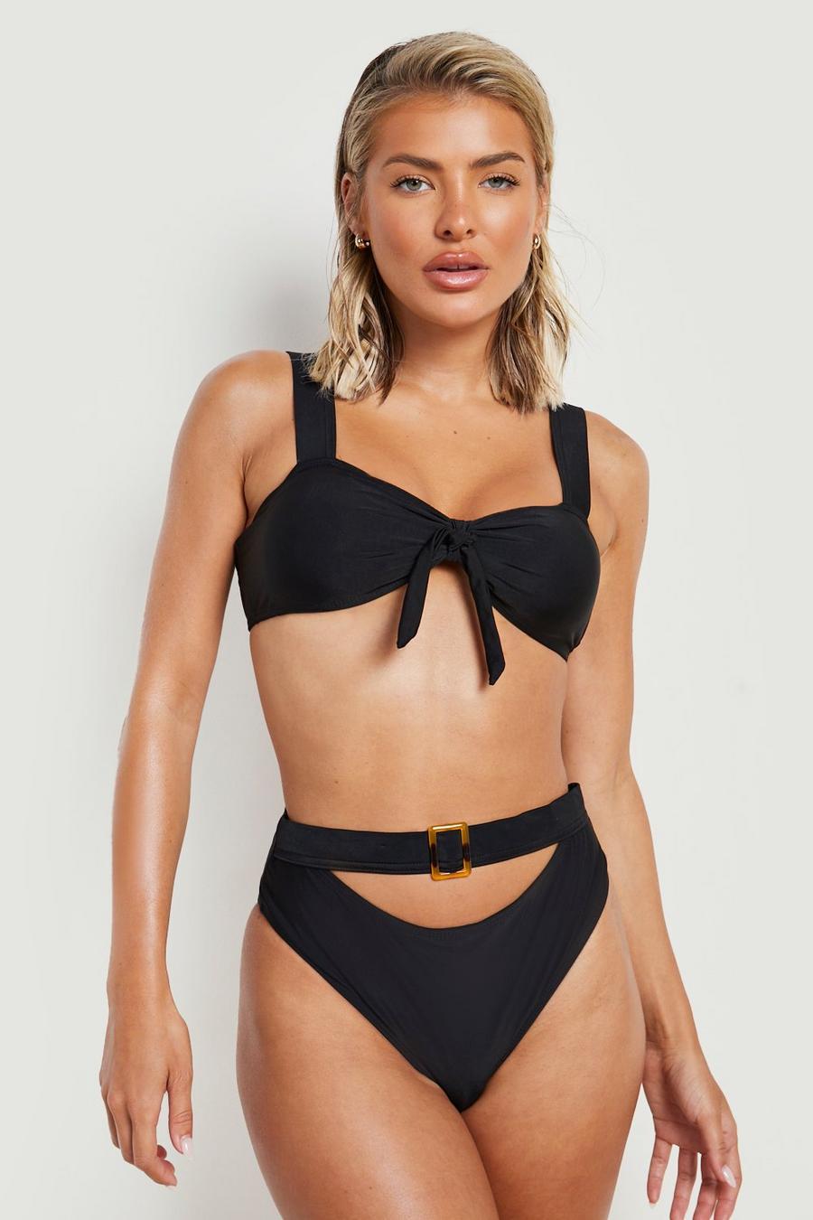 Black High Waisted Cut Out Belted Bikini Brief image number 1