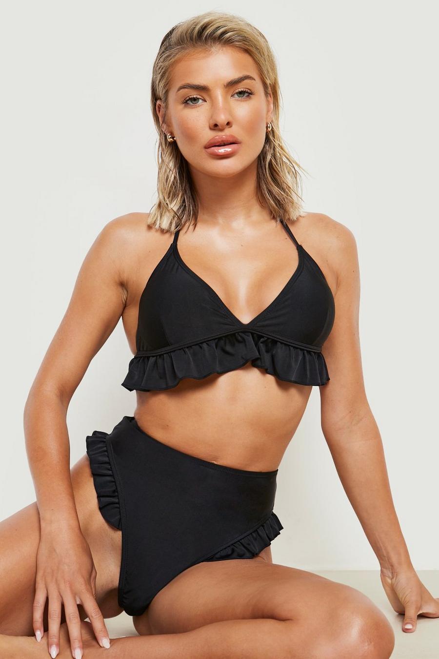 Black negro Frill Hem Triangle Halterneck Bikini Top