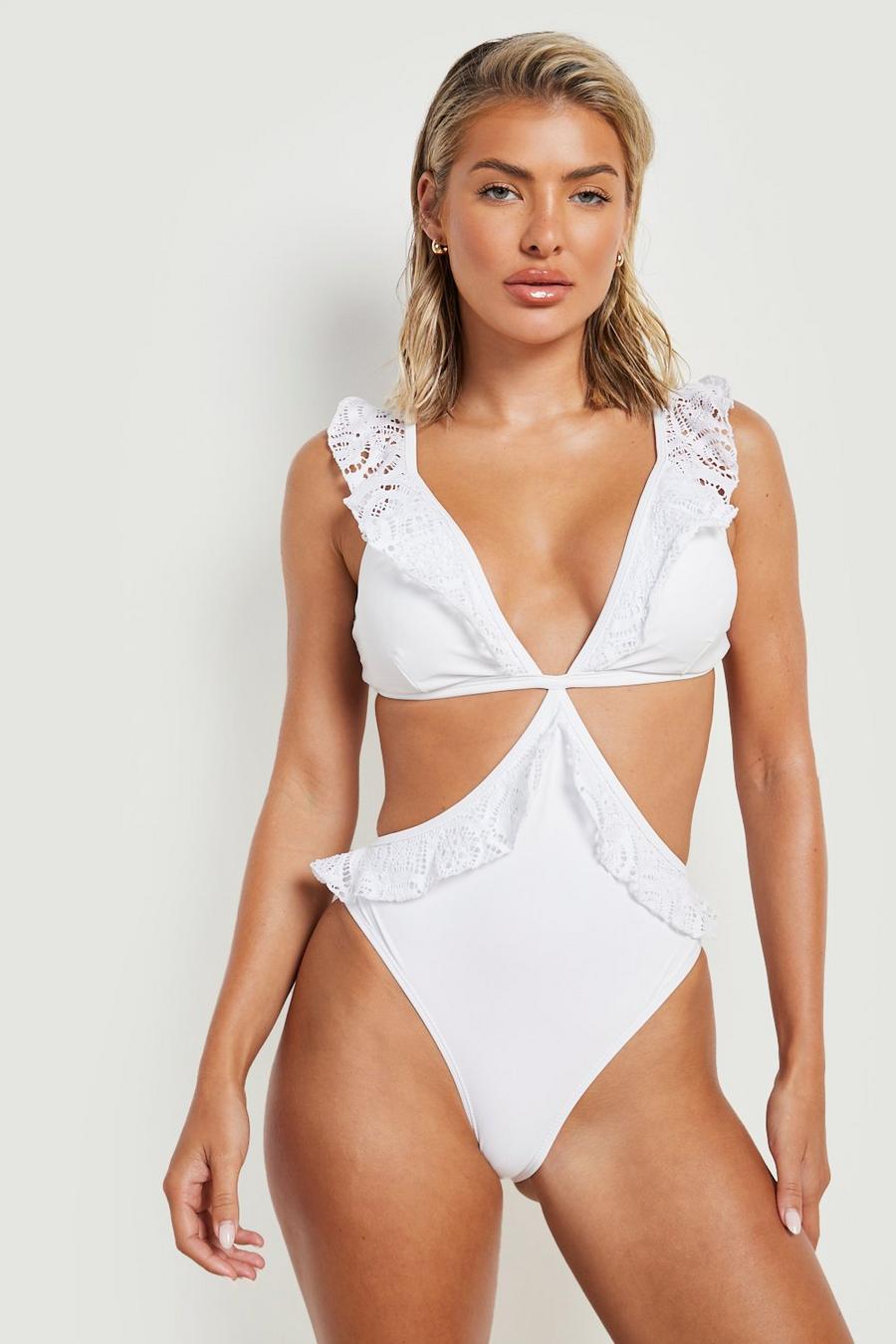 White Frill Plunge Cut Out Swimsuit image number 1