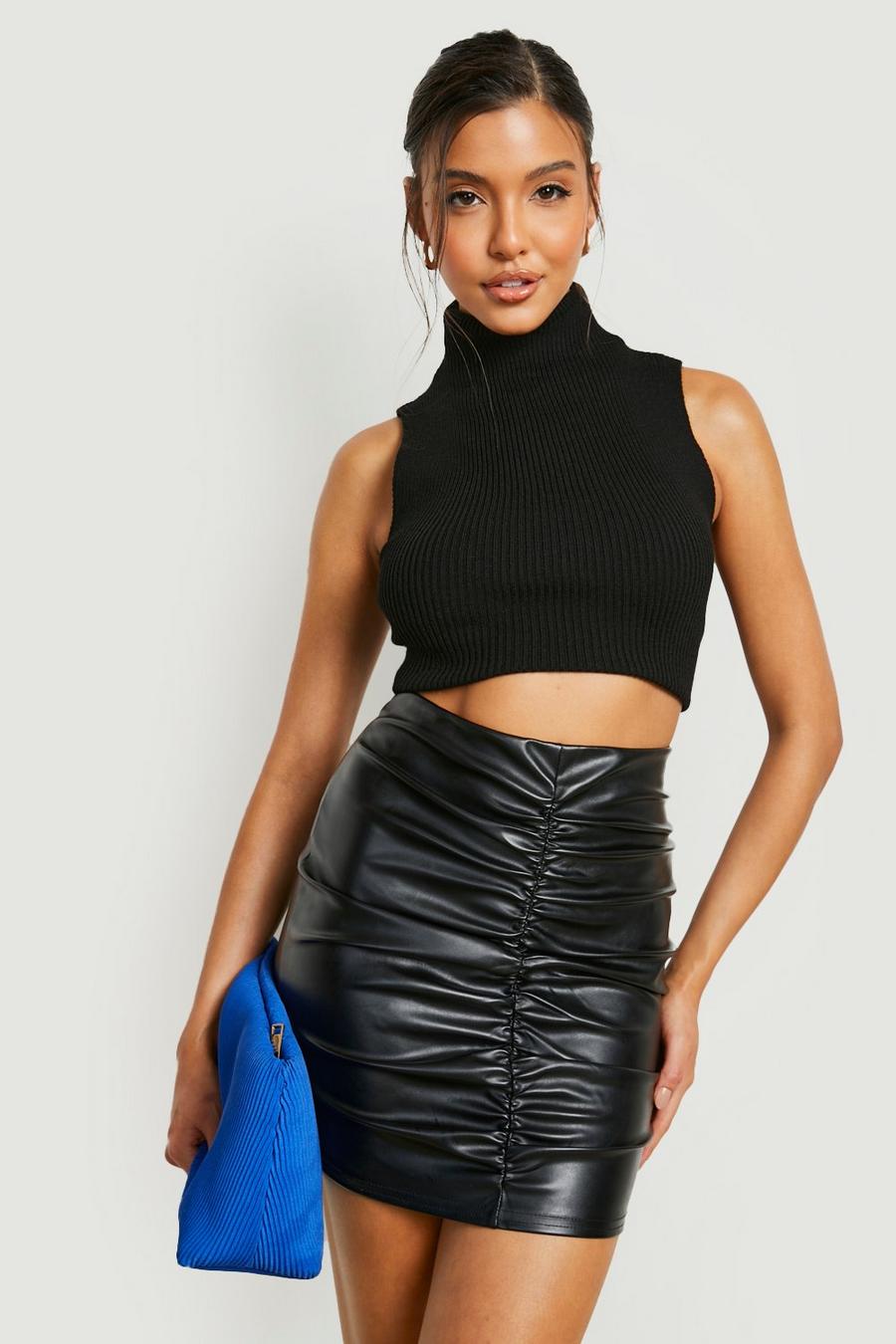 Black High Waisted Ruched Leather Look Mini Skirt image number 1
