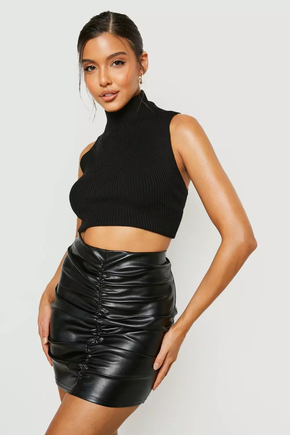 High Waisted Ruched Leather Look Mini Skirt