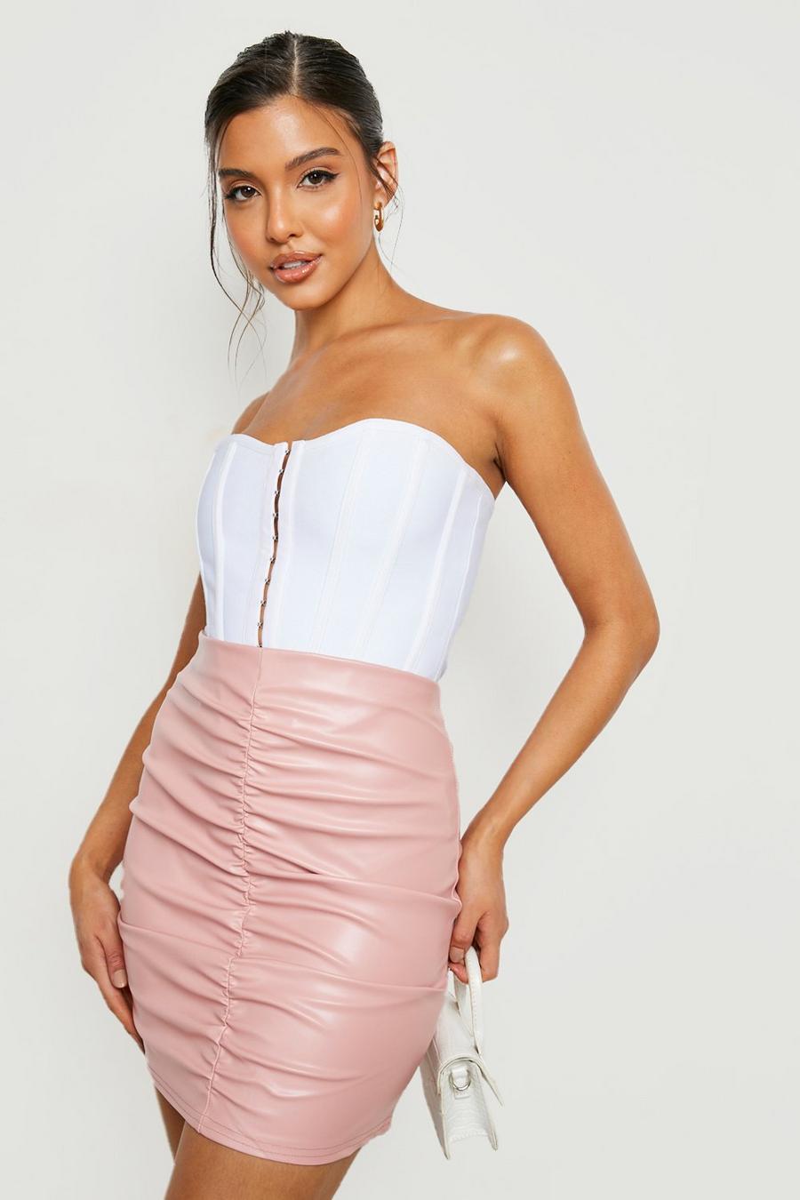 Pink High Waisted Ruched Faux Leather Mini Skirt