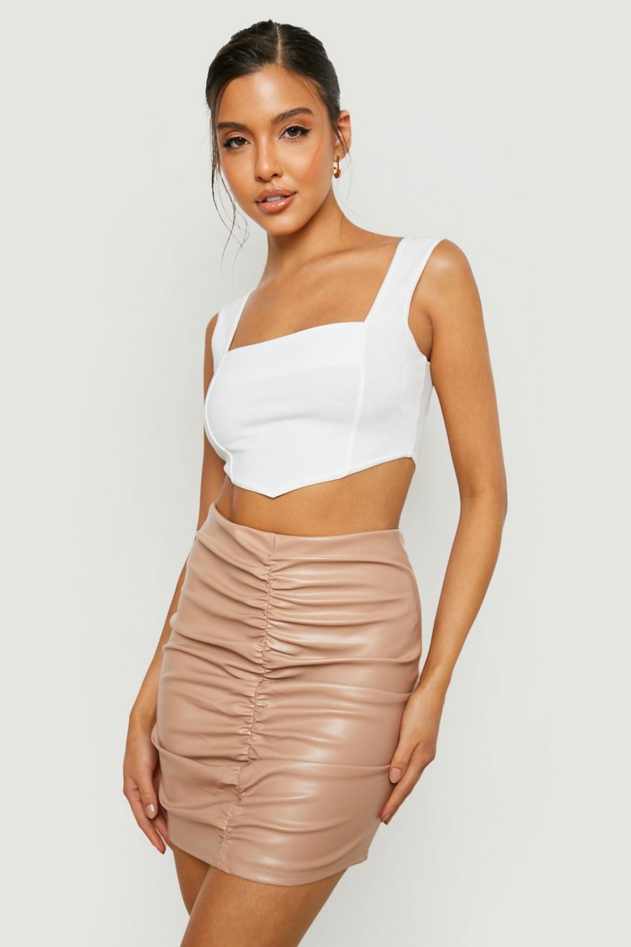Tan brown High Waisted Ruched Leather Look Mini Skirt