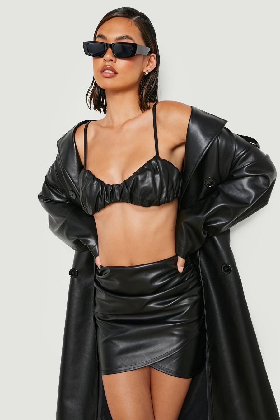 Black Wrap Over Leather Look Mini Skirt