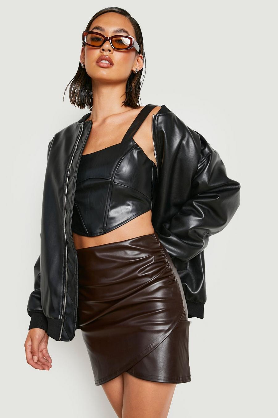 Chocolate Wrap Over Faux Leather Mini Skirt image number 1