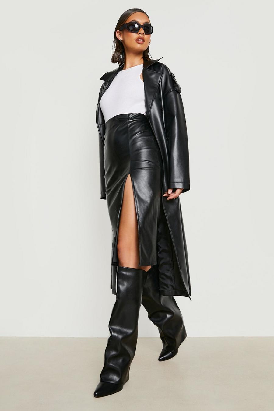 Black Split High Waisted Faux Leather Midi Skirt image number 1