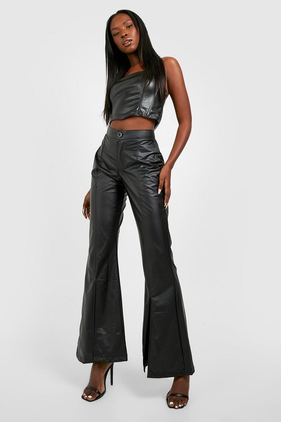 Black Split Front Leather Look Flared Trousers image number 1
