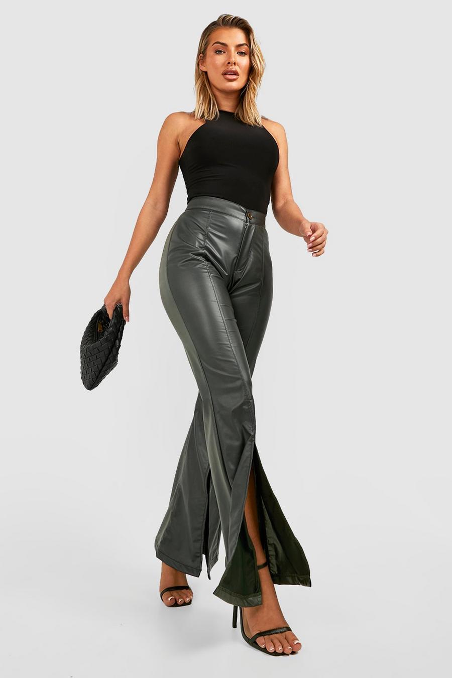 Dark green Split Front Faux Leather Flared Pants image number 1