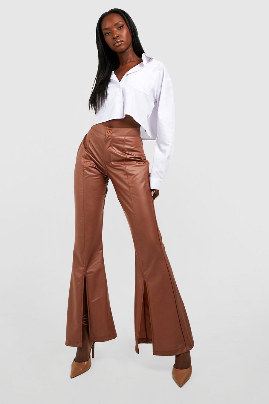 Tan Split Front Leather Look Flared Trousers image number 1