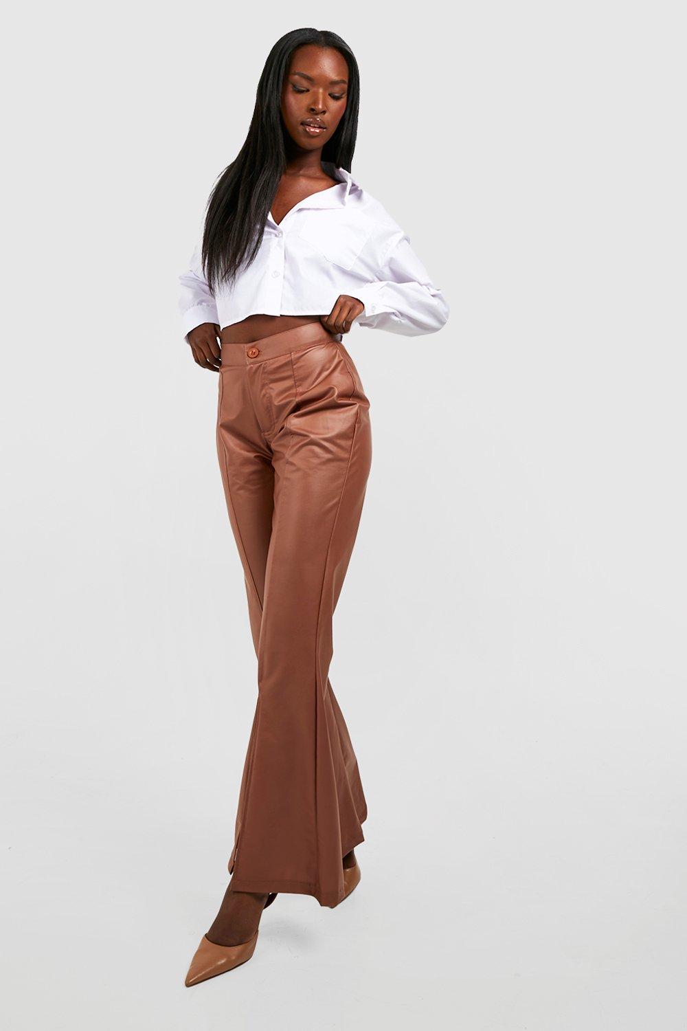 Split Front Faux Leather Flared Pants