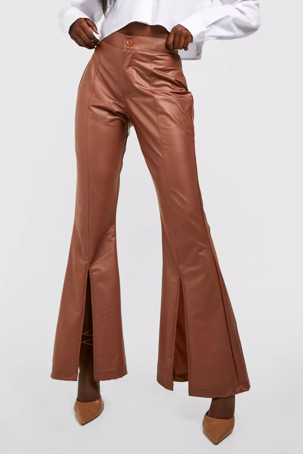 Men Bell Bottom Trousers Faux Leather Flared Pants Casual Office